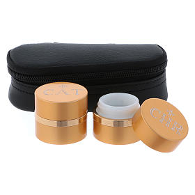 Holy Oils: oval case in faux leather with two aluminium containers, gold