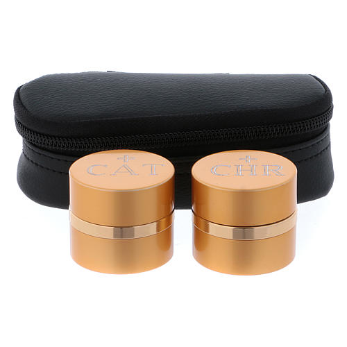 Holy Oils: oval case in faux leather with two aluminium containers, gold 1