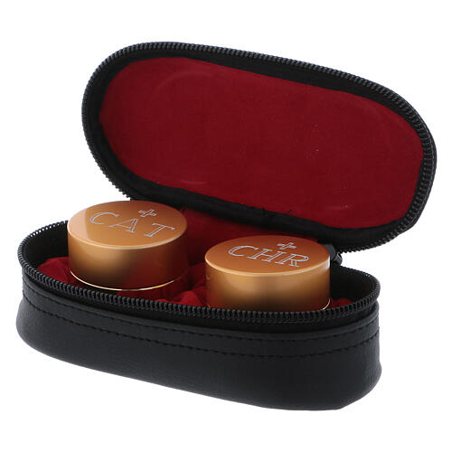 Artificial leather oval case with double Holy oils stock in gold plated aluminium 1 3/4 in diameter 3
