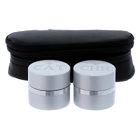 Holy Oils: oval case in faux leather with two aluminium containers, silver