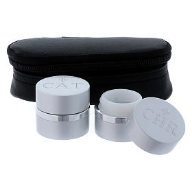 Holy Oils: oval case in faux leather with two aluminium containers, silver