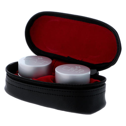 Holy Oils: oval case in faux leather with two aluminium containers, silver 3
