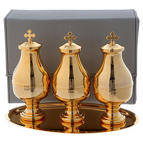 Étui imitation cuir avec trois ampoules intérieur verre pour huiles saintes hautes