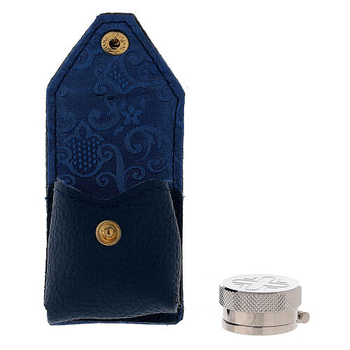 Single oil stock for holy oils with genuine blue leather case 5x5x3 cm 3