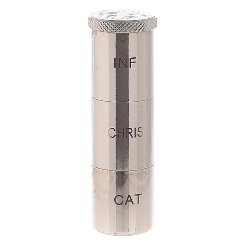 Ölgefäß, 3-fach, INF - CHRIS - CAT, 10x2 cm, Messing versilbert 1
