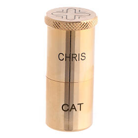 Two Holy oil stocks with screw top, CHRIS and CAT, gold plated brass