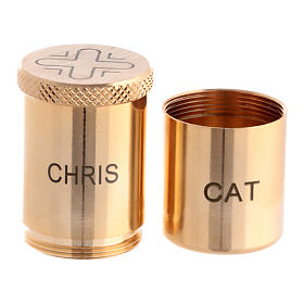 Two Holy oil stocks with screw top, CHRIS and CAT, gold plated brass