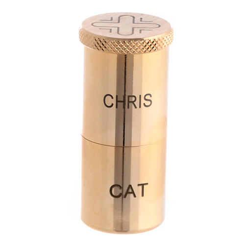 Two Holy oil stocks with screw top, CHRIS and CAT, gold plated brass 1