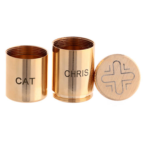 Two Holy oil stocks with screw top, CHRIS and CAT, gold plated brass 3