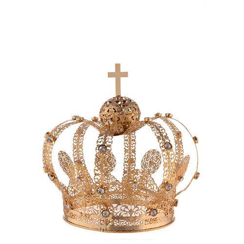 Gold plated brass crown for Saint, white gems, 18 cm 1