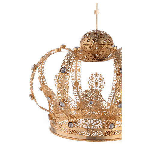 Gold plated brass crown for Saint, white gems, 18 cm 2