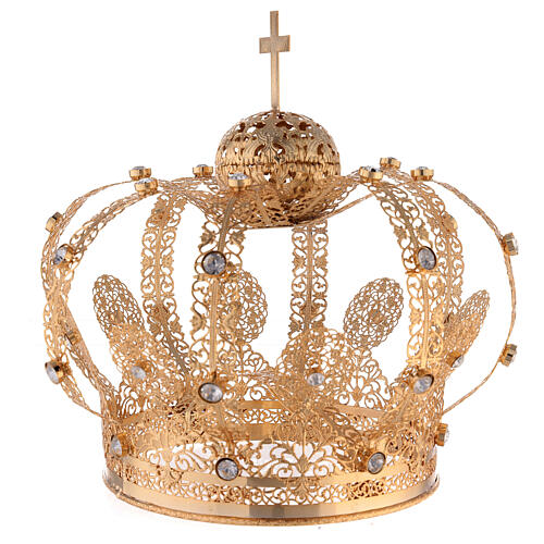 Gold plated brass crown for Saint, white gems, 18 cm 3