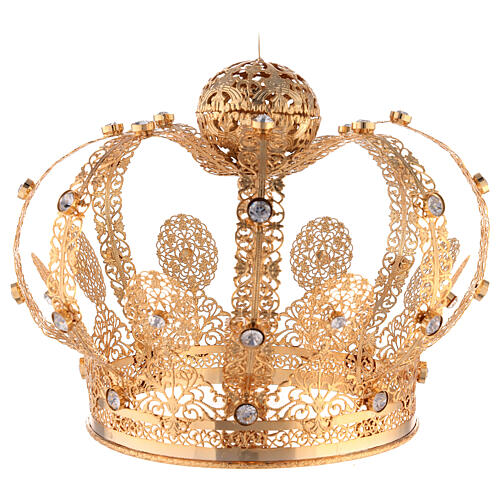 Gold plated brass crown for Saint, white gems, 18 cm 4