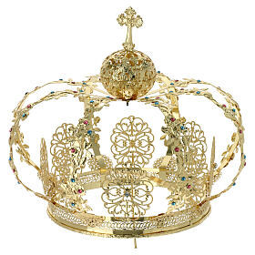 Golden brass crown for statues with colored rhinestones 20 cm