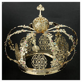 Golden brass crown for statues with colored rhinestones 20 cm