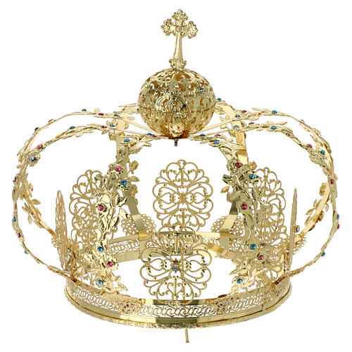 Golden brass crown for statues with colored rhinestones 20 cm 1