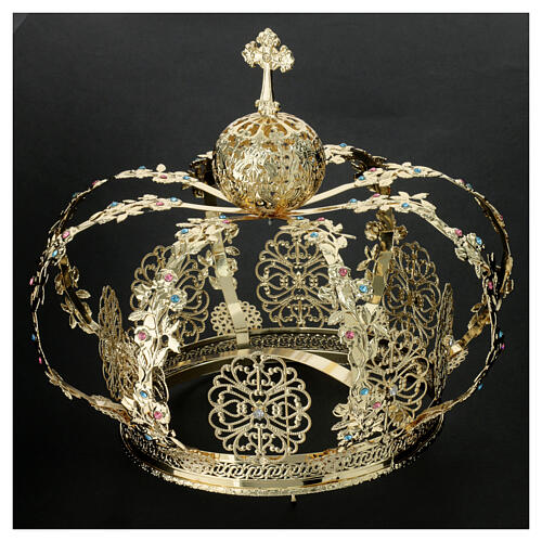 Golden brass crown for statues with colored rhinestones 20 cm 2