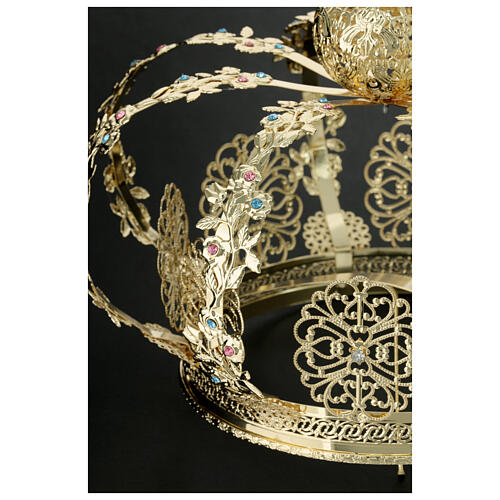 Golden brass crown for statues with colored rhinestones 20 cm 7