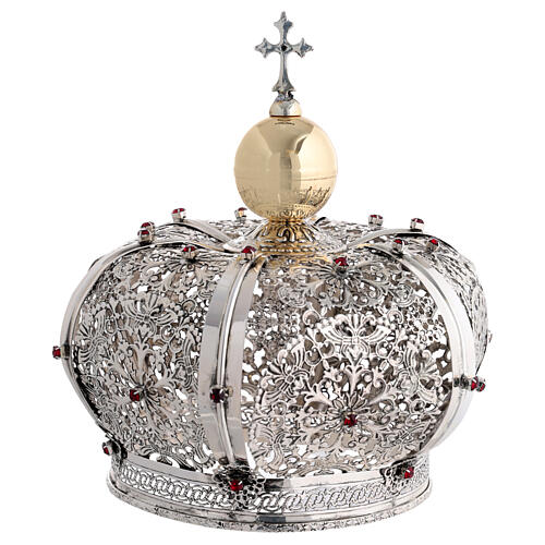Corona para Virgen de latón con doble acabado antiguo y cristales rojos 1