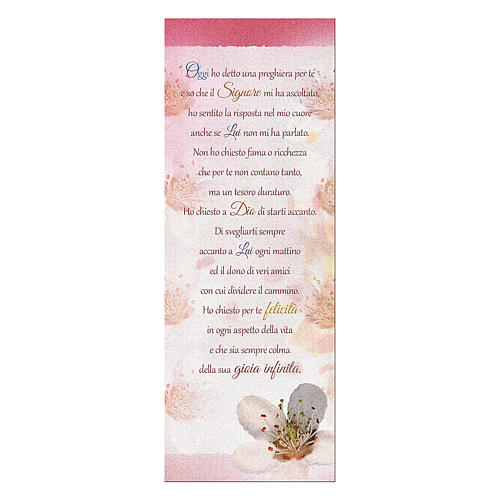 Bookmark in pearl cardboard flower of peach tree image with prayer 15x5 cm 1