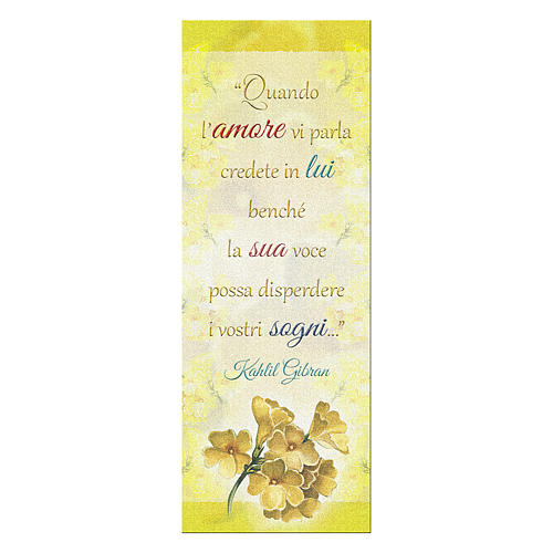 Bookmark in pearl cardboard with branch in bloom image and Kahlil Gibran sentence 15x5 cm 1
