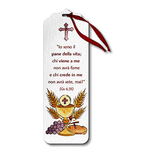 Marque-page bois avec ruban Symboles Eucharistiques 15x5 cm 1