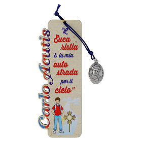 Wooden bookmark of Carlo Acutis, pendant with blue cord and ITA quotes
