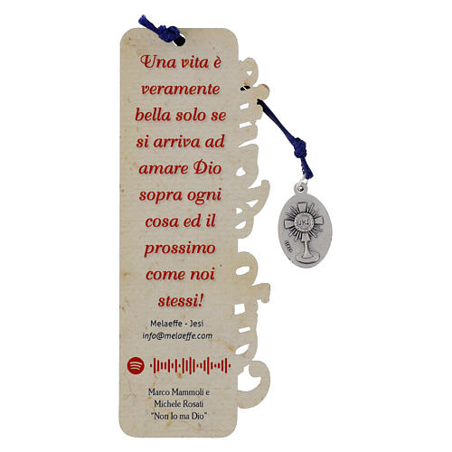 Segnalibro Carlo Acutis in legno ciondolo con corda blu e frasi 4