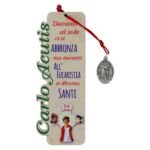 Marcalibros Carlo Acutis de madera cuerda roja y frases colgante 1