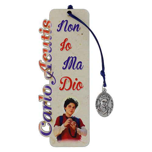 Marque-page Carlo Acutis en bois corde bleue avec médaille et citation ITA 1