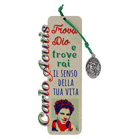 Marcalibros Carlo Acutis de madera colgante con cuerda verde y frases