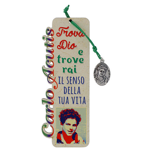 Marque-page Carlo Acutis en bois avec pendentif en corde verte et citations 1