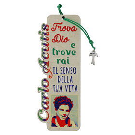 Wooden bookmark with Carlo Acutis quotes, tau cross with green cord