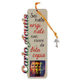 Marque-page Carlo Acutis en bois corde orange avec croix tau et citation