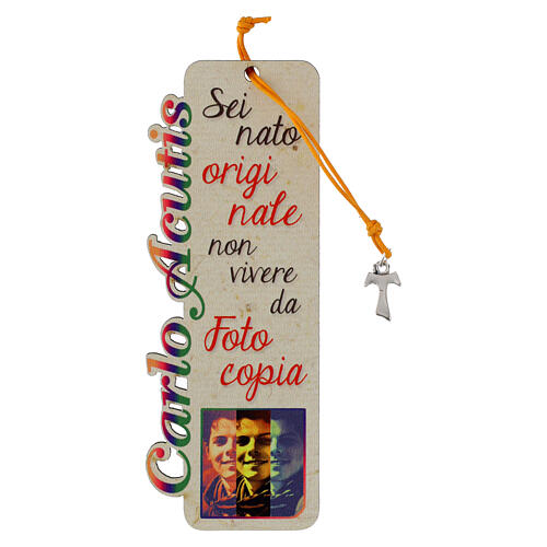 Marque-page Carlo Acutis en bois corde orange avec croix tau et citation 1
