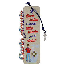 Wooden bookmark with Carlo Acutis' quotes, blue cord and tau cross