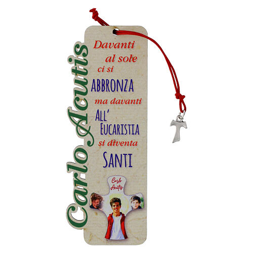 Wooden bookmark of Carlo Acutis with quotes, Tau cross with red rope 1