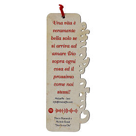 Marcador de livro em madeira com corda vermelha Carlo Acutis com cruz tau e frases