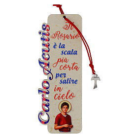 Marcalibros Carlo Acutis de madera cuerda roja con cruz tau con frases