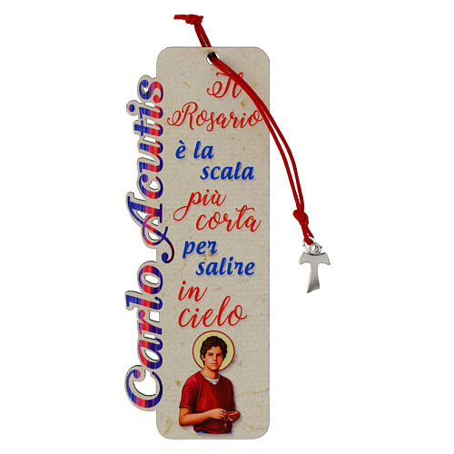 Marque-page Carlo Acutis en bois corde rouge avec croix tau et citations 1