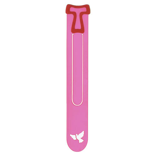 Pink bookmark with a Tau symbol in olive wood by the Poor Clares 3