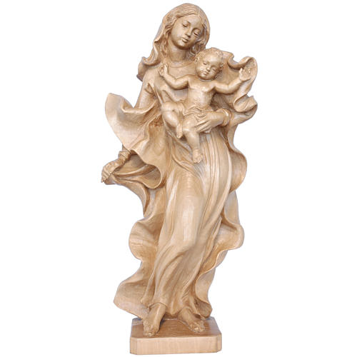 Estatua de la Virgen con niño de estilo barroco de madera patinada de la Val Gardena 1