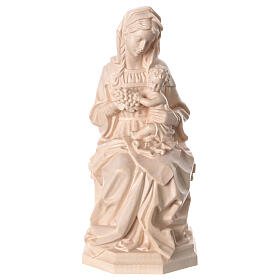 Estatua Virgen sentada con niño y uva de madera natural de la Val Gardena, acabado con cera transparente