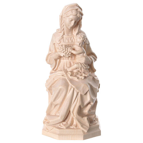 Estatua Virgen sentada con niño y uva de madera natural de la Val Gardena, acabado con cera transparente 1