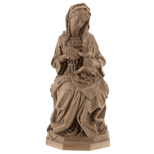 Imagen Virgen sentada con niño y uva de madera patinada de la Val Gardena 1
