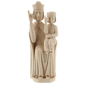 Estatua Virgen con niño de estilo románico de madera natural y acabado con cera transparente, 28 cm