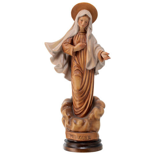 Estatua de la Virgen de Medjugorje de madera de la Val Gardena, acabado con diferentes matices de marrón 1