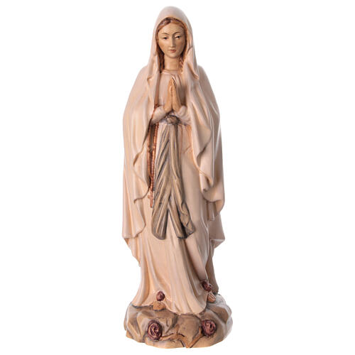 Estatua Virgen de Lourdes de madera de la Val Gardena, acabado con diferentes matices de marrón 1