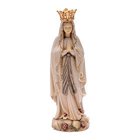 Virgen de Lourdes con corona de madera de la Val Gardena, acabado con diferentes matices de marrón