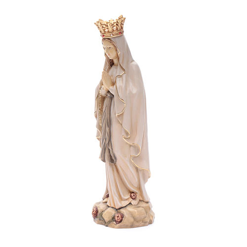 Virgen de Lourdes con corona de madera de la Val Gardena, acabado con diferentes matices de marrón 2